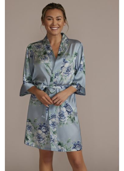 Dusty Blue and Green Floral Satin Robe - Get ready in style while wearing this soft